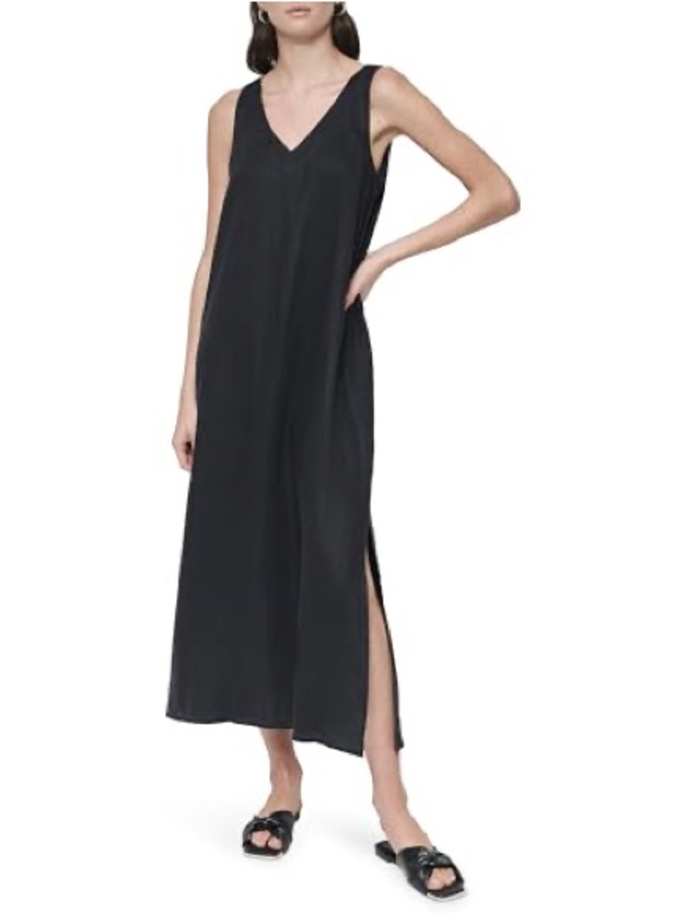 DKNY Sleeveless V-Neck Black Long Slip LINEN Dress
